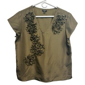 Talbots Women’s Olive Green Silk Beaded Detail V Neck Cap Sleeve Top Size 14